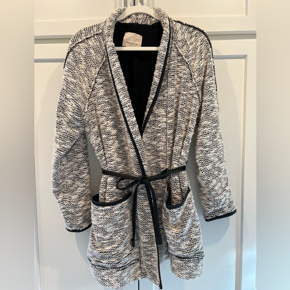 Rebecca Taylor Longline Tweed Sweater Jacket with Faux Leather Trim. Size 12. - Picture 12 of 13